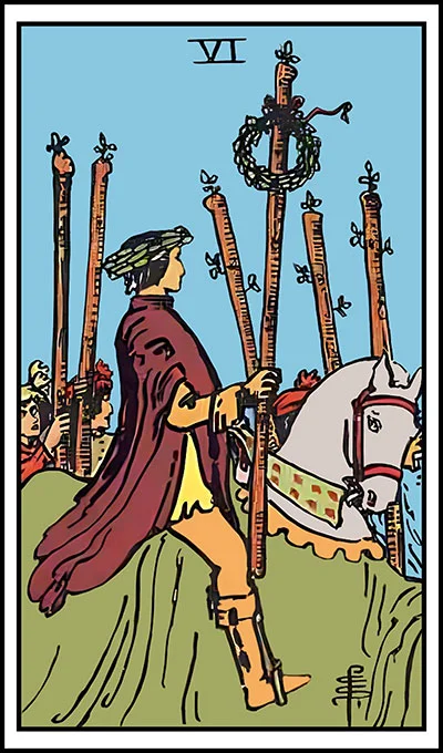 Karta Sześć Buław z talii Rider–Waite Tarot