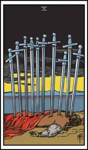 Karta Dziesięć Mieczy z talii Rider–Waite Tarot