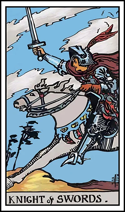 Karta Rycerz Mieczy z talii Rider–Waite Tarot