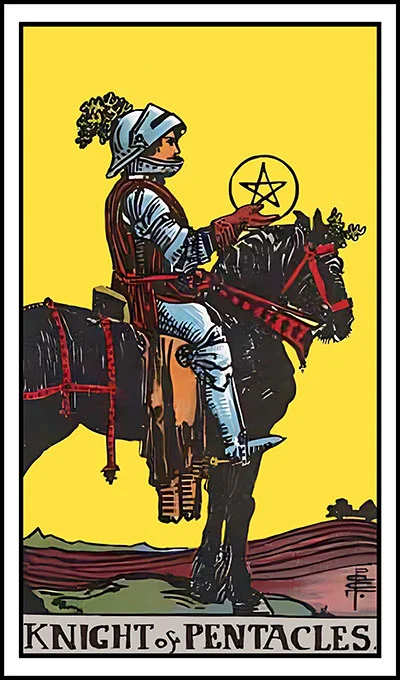 Karta Rycerz Monet z talii Rider–Waite Tarot